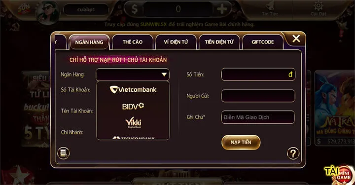 Cách thức phổ biến nạp tiền Sunwin